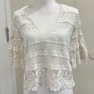 Alexis White Lace Netted Bell Sleeve V-Neck Top XS Boho Crochet Cottage Fairy